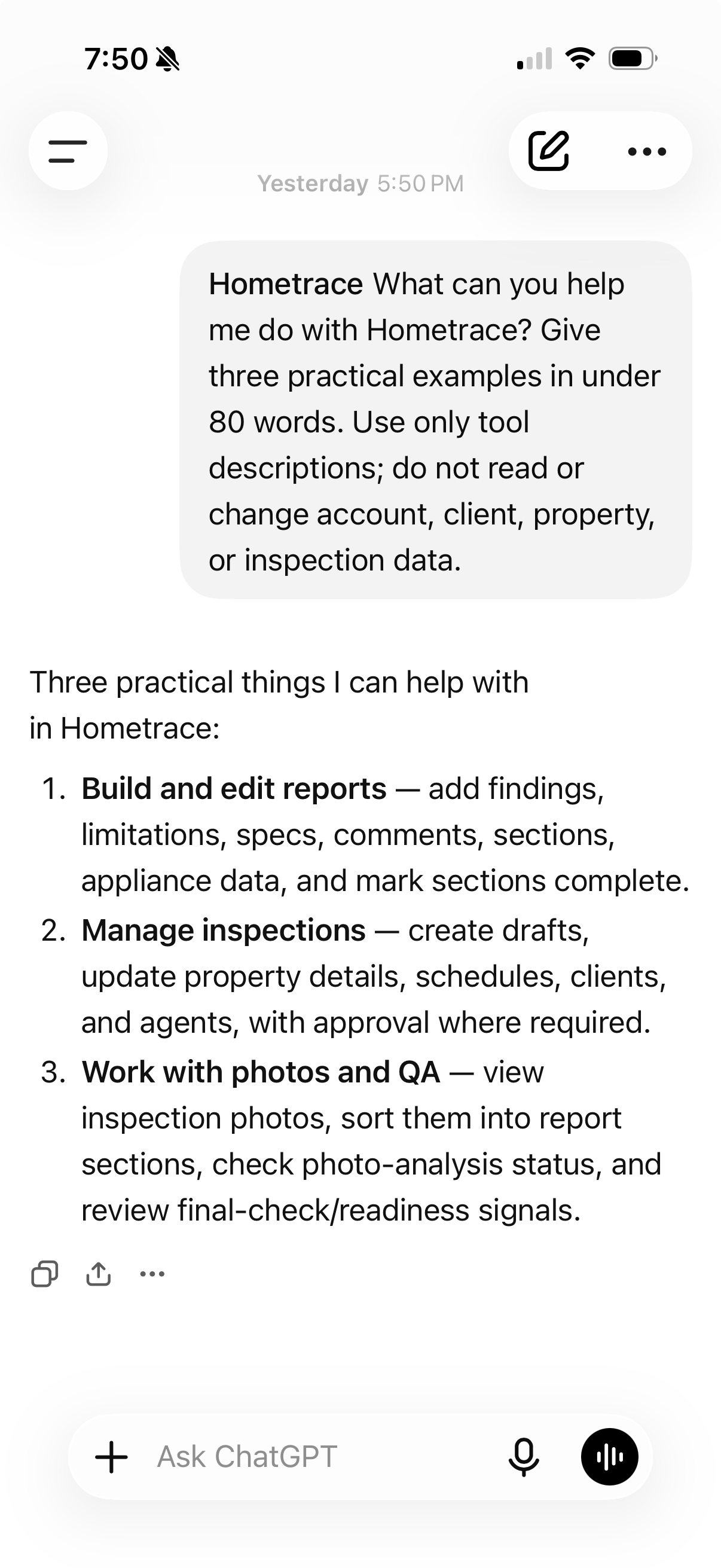ChatGPT on iPhone suggesting Hometrace tasks for reports, inspections, and photos