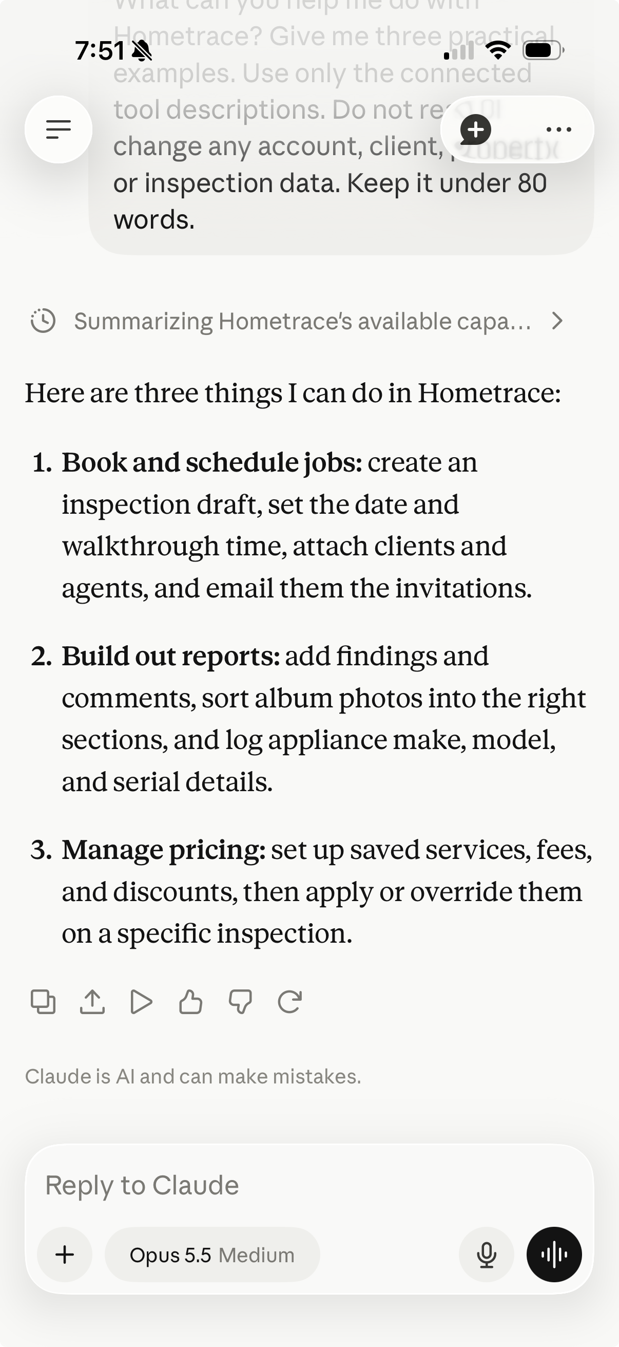 Claude on iPhone describing Hometrace capabilities for jobs, reports, and pricing